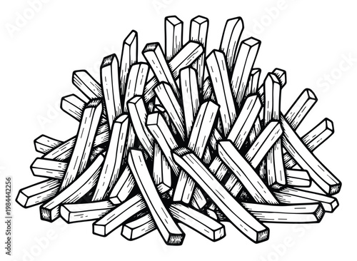 Appetizing black and white french fries line drawing ideal for restaurant menus food packaging cookbook design and culinary blog graphics