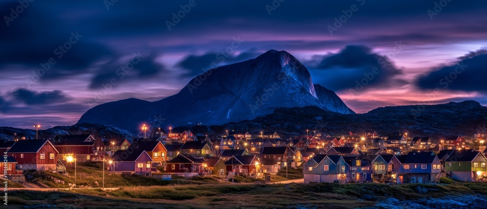 Fototapeta premium Sunset bliss: serene mountain views and colorful homes in nuuk. Machine intelligence. Nuuk's colorful sunset: houses and mountains in harmony. Machine persona. Posthuman mind.