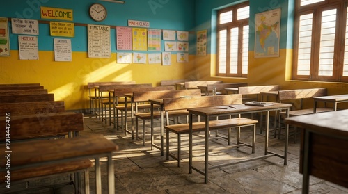 Rows of empty wooden desks in a bright primary school classroom in India.