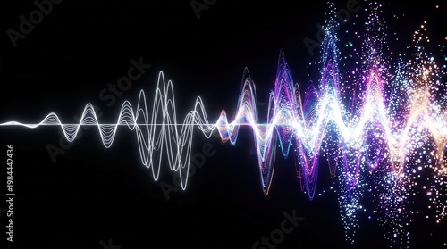 Neural processing concept with digital sound visualization and audio frequency waves.