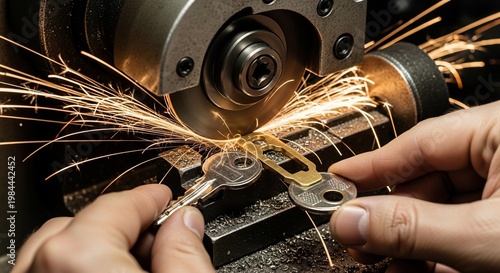 Close-up of hands operating a key cutting machine, creating sparks as a new key is duplicated from an original.