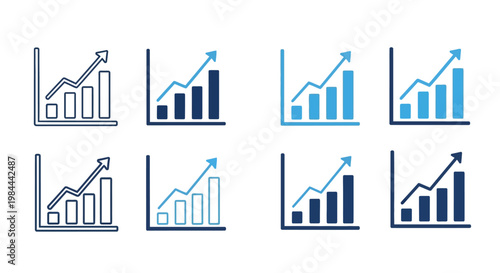 Set of business growth chart icons with upward trend lines and bar graphs representing increasing success and development