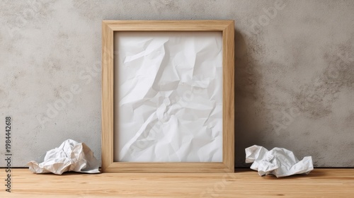 A light wood frame stands on a wooden desk with crumpled white paper inside, wrinkled waste paper on both sides, rough c