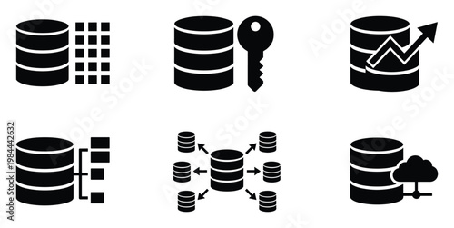Data and database management icons representing security, cloud storage, growth analytics, and distributed network architectures for technology solutions and business applications.