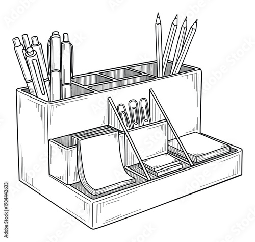 Office stationery organizer featuring various compartments for pens pencils paper clips and sticky notes ideal for home office desk tidiness and professional workflow efficiency