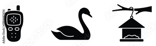 Outdoor nature icons depicting a handheld radio for communication, a graceful swan, and a bird feeder on a branch, ideal for applications related to wilderness, wildlife, and recreation