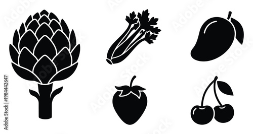 Black silhouette icons of fresh artichoke celery mango strawberry and cherry symbolizing healthy food and nutrition for grocery store branding or cooking blogs