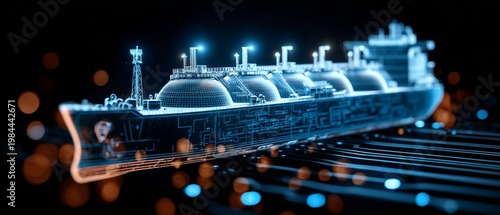 The future of ocean freight: eco-friendly gas carrier excellence. Human robot. Bird's eye view of a modern liquefied gas carrier with eco concerns. Cyber technology. Data intelligence.
