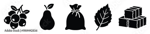 Black silhouette icons illustrating natural produce and farm elements such as berries, a pear, a tied bag, a distinct leaf, and stacked hay for agriculture, food industry, and organic