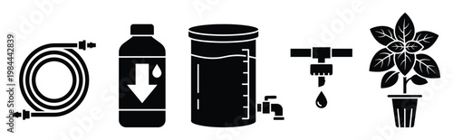 Essential gardening and plant care icons featuring a coiled hose, nutrient bottle, water tank, drip irrigation emitter, and a potted plant for agricultural design projects.