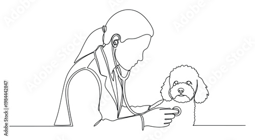 A skilled veterinarian carefully examines a small furry dog with a stethoscope, depicted in an elegant continuous single line drawing style, perfect for veterinary clinic promotions or pet