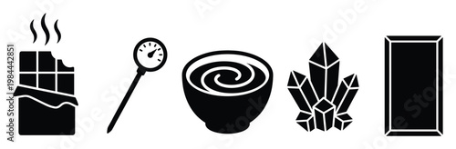 Assorted vector icons including a steaming bitten chocolate bar, a temperature gauge, a swirled bowl, sharp crystals, and a simple rectangular block useful for modern design projects.