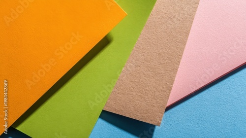 Colorful layered paper sheets in orange, green, brown, pink and blue with clear shadows and textured material.