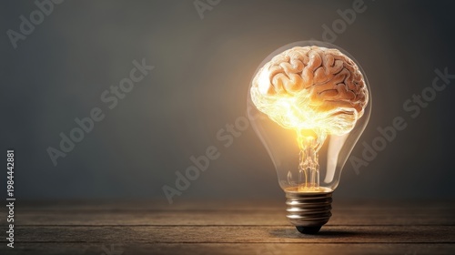 Glowing human brain inside a light bulb on wooden table, emitting warm light, symbolizing inspiration and creativity.