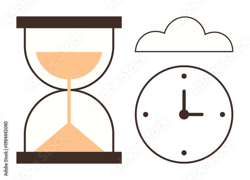 Time management, deadline tracking, workflow optimization, productivity, scheduling, future planning. Hourglass, clock and cloud icon on white background. Time management and deadline tracking