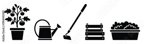 Gardening equipment and plant silhouettes featuring a potted tomato, watering can, garden hoe, wooden crate, and planted trough, perfect for farming, horticulture, and home garden graphic