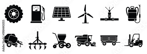 Extensive collection of essential farming equipment, agricultural machinery, and sustainable energy resources represented as clear solid icons for agribusiness applications and