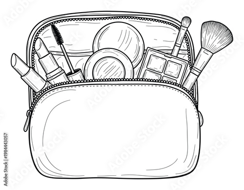 Outline drawing of an open makeup bag brimming with various cosmetic products including lipstick mascara eyeshadow palette and brushes for beauty fashion or personal care designs