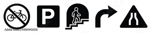 Collection of essential traffic and road signs including no bicycle parking pedestrian stairs right turn and road narrows symbols for transportation safety and navigation guidance