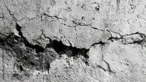 Grey white rough wall with dark cracks and peeling texture, showing weathered aging damaged surface.