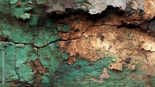 A weathered wall with peeling green paint reveals a rough tan underlayer, showing aged texture and cracked patterns.