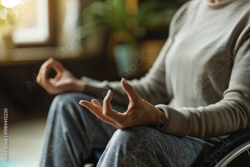 Woman in wheelchair practicing meditation mudra, mindfulness and inclusive wellness concept