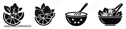 Healthy eating and cooking ingredients icons depicting fresh fruit, vegetables, and kitchen tools perfect for food blogs, recipe websites, and wellness marketing materials