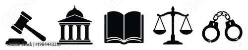 Essential legal and justice system symbols featuring a judges gavel, courthouse, open law book, scales of balance, and handcuffs for professional services and educational resources.