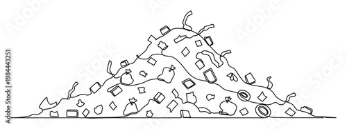 Continuous line drawing of a massive garbage pile with various waste items symbolizing environmental pollution and landfill problems for sustainability projects