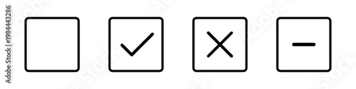 Checkbox state icon set with checked, unchecked, cancel and indeterminate options. Selection and form control line icons for UI status, web forms, app interface and user input