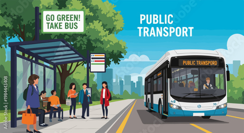 Public transport vector illustration with people waiting at bus stop and modern bus arriving on city street. Go green take bus concept for sustainable urban mobility.