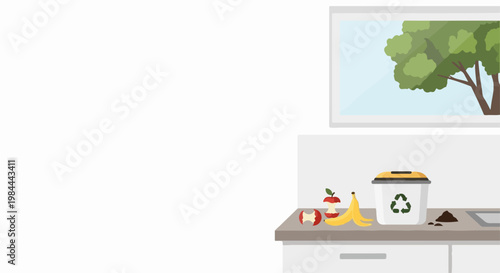 Kitchen counter with recycling bin for organic waste and food scraps, vector illustration concept for sustainability.