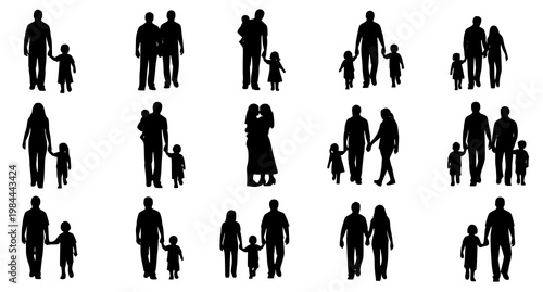 Family silhouettes vector set with parents and children in different poses for maternity and upbringing