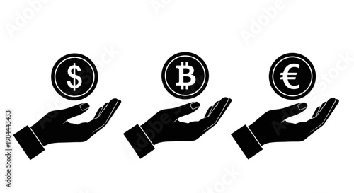 Hands holding currency symbols dollar, bitcoin, and euro, representing financial transactions and investments