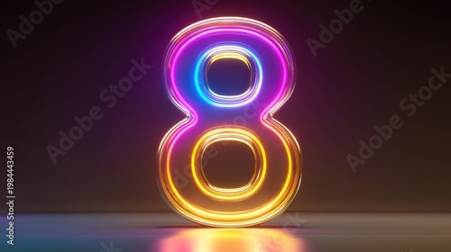 Neon number eight with purple-blue top and golden bottom, glowing edges on reflective dark ground.