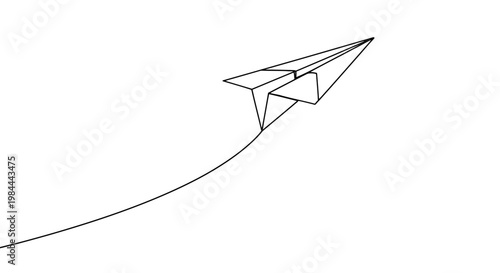 Minimalist illustration of a paper airplane soaring through the sky on a white background, representing travel and dreams