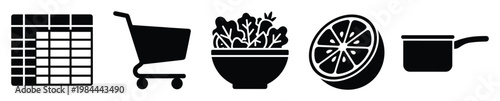 Grocery shopping and meal preparation icons for healthy eating and kitchen activities perfect for diet apps food blogs and recipe websites