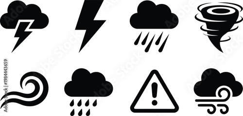 Weather icons set storms lightning tornadoes and warning signs