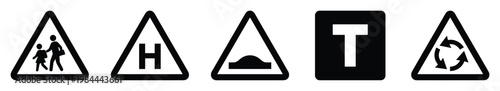 Collection of essential black and white road signs including pedestrian crossing, hospital, speed hump, dead end, and roundabout symbols for traffic warning and informational purposes