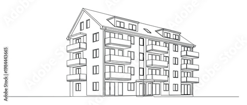 Line drawing depicting a modern multistory apartment building with numerous balconies and rooftop dormers, perfect for architectural visualization, urban residential projects, and property