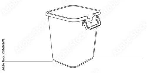 Minimalist continuous line art depicting a common square bucket with a secure lid and a distinctly broken handle, ideal for storage, cleaning, or everyday object themes.