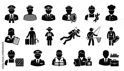 Collection of professional and recreational occupations icons representing diverse jobs and activities related to travel, maritime, and service industries for corporate presentations or