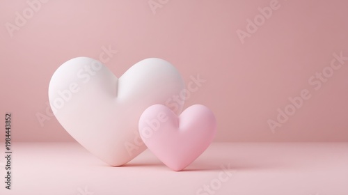Two heart-shaped objects on a pink background, one large white and one small pink, smooth and soft, creating a warm roma