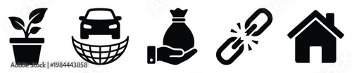 Collection of symbolic black vector icons portraying fundamental concepts such as plant growth, car ownership, financial prosperity, breaking chains, and home living for various infographics