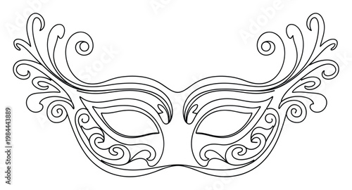 Elegant black and white masquerade mask drawing with flowing curvilinear motifs, suitable for masquerade balls, theater playbills, or fantasy themed merchandise.