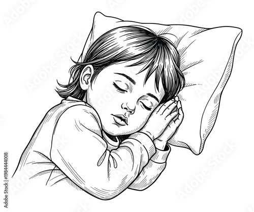 Peaceful sleeping child on a soft pillow with hands resting near the face, perfect for childrens books or parenting blogs about relaxation and tranquility