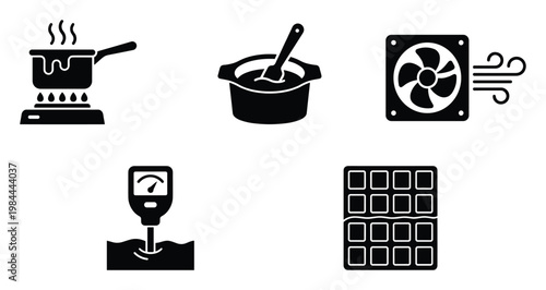 Versatile glyph icons representing cooking methods, mixing ingredients, air ventilation, soil pH testing, and a chocolate bar, ideal for modern digital and print applications