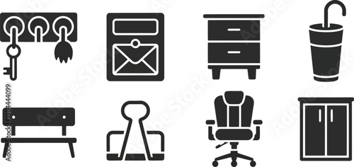 Black silhouette icons of furniture and office essentials