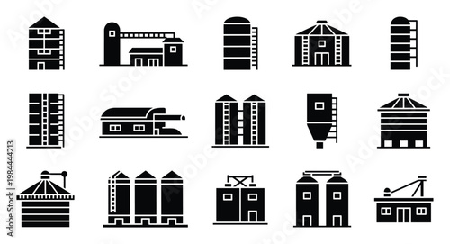 Collection of diverse industrial and agricultural silo icons depicting various storage and processing facilities for modern farm and factory applications