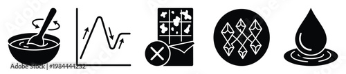 Visual set of solid glyph icons depicting food preparation, scientific data analysis, quality control, material science, and liquid dynamics for informational graphics and instructional